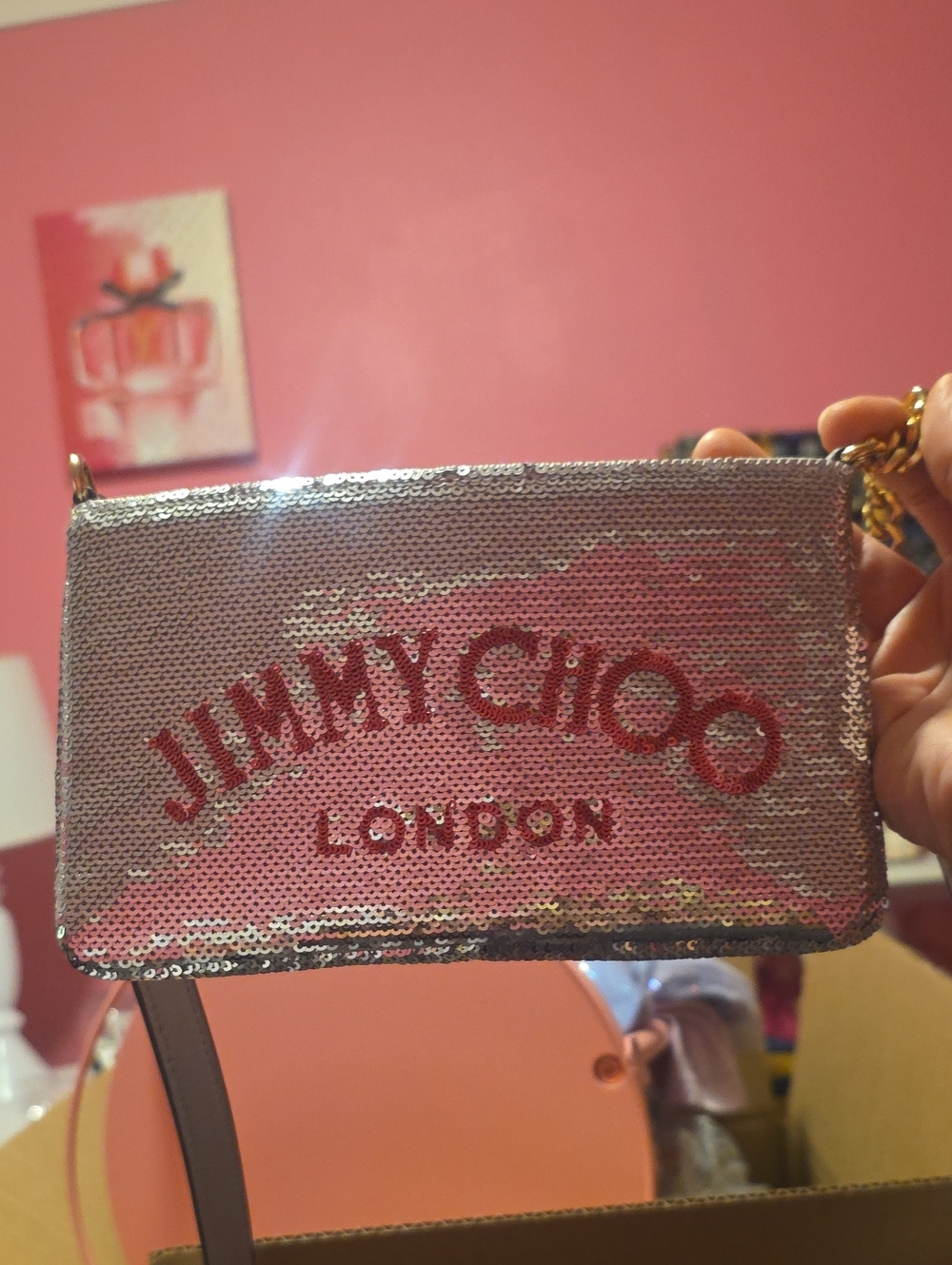 EUC Jimmy Choo Silver Sequin Crossbody with Pink Logo!